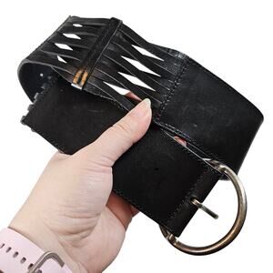 Newport News Leather Black Wide Belt Criss Cross Detail Women's Size Medium Goth